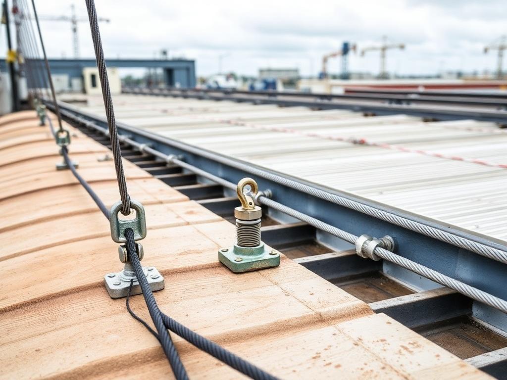 Sistema de linha de vida com cabos de aço e ancoragens em telhado industrial