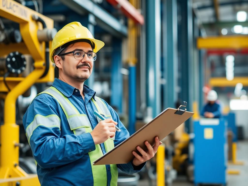 Engenheiro realizando inspeção técnica industrial com prancheta