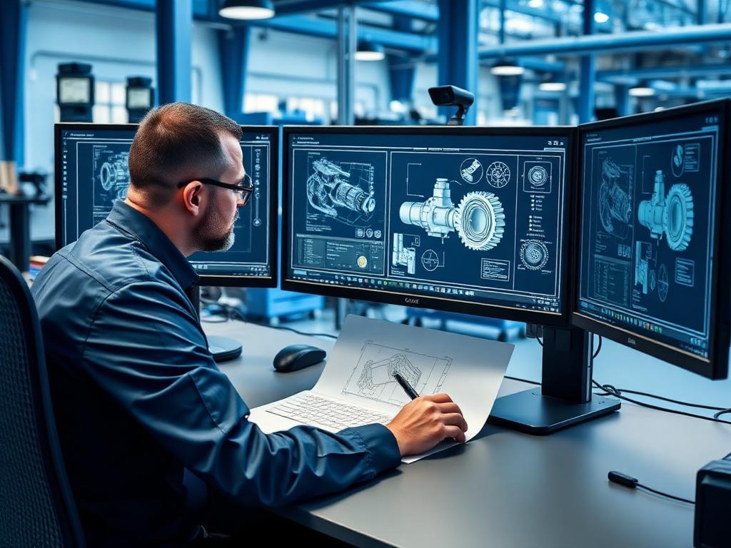 Engenheiro desenvolvendo projeto mecânico em CAD com 3 monitores