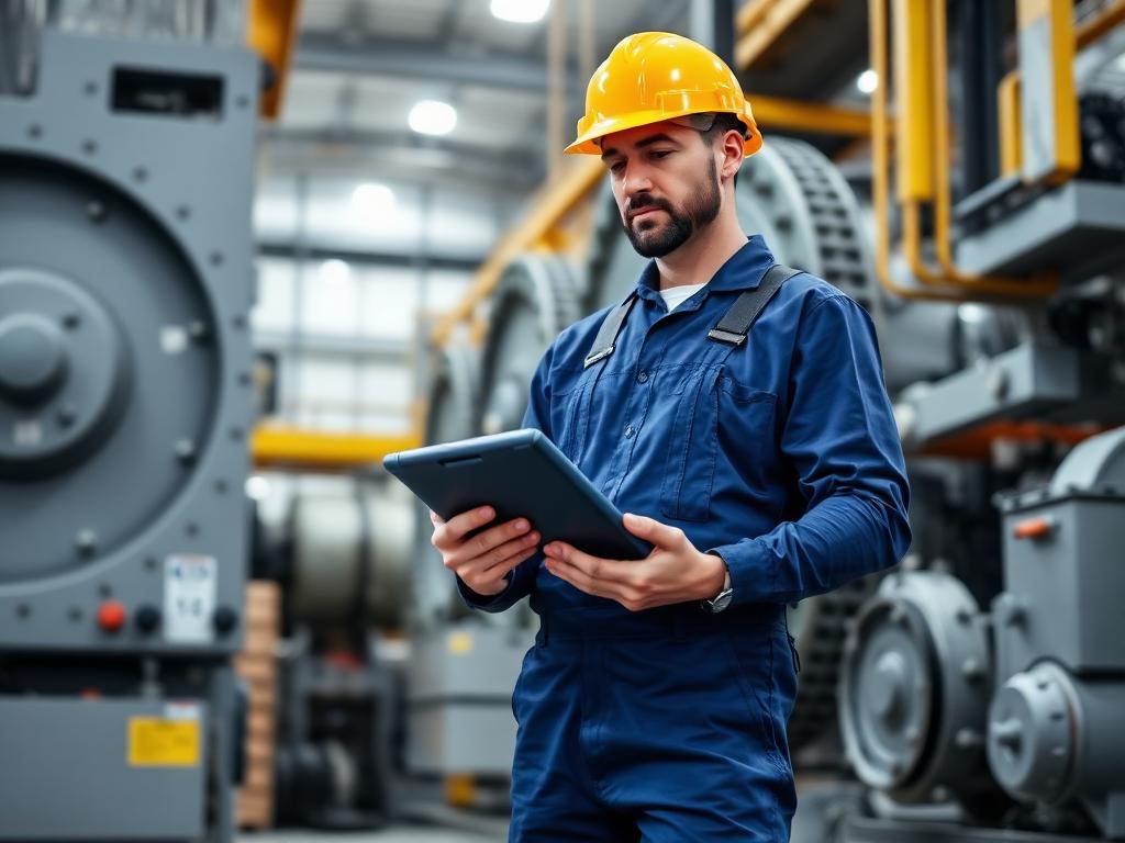 Engenheiro de manutenção com tablet inspecionando máquinas industriais